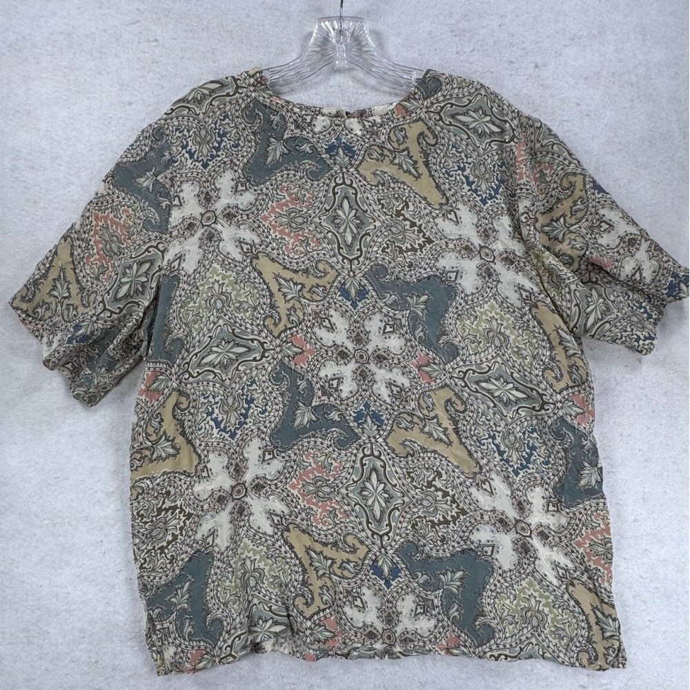 Stunt 100% Silk Paisley Print Short Sleeve Blouse Keyhole Neck Large BOHO